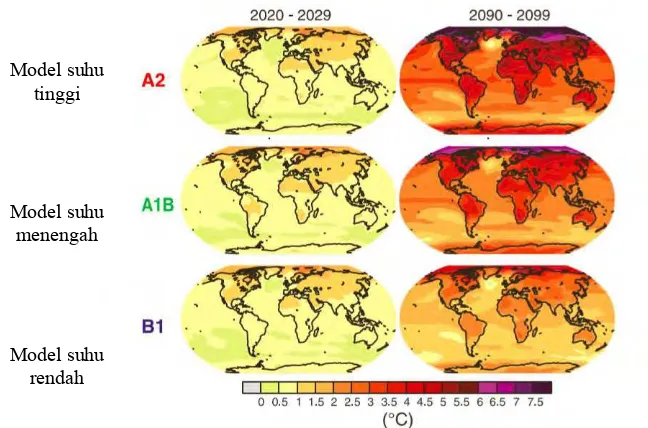Gambar 2.3   Proyeksi model iklim dari pemanasan permukaan pada awal dan  akhir abad ke-21 (WTO dan UNEP, 2009)  
