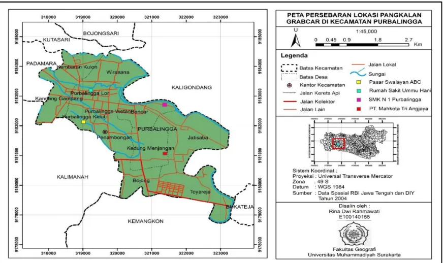Gambar 1. Peta Persebaran Lokasi Pangkalan GrabCar Di Kecamatan Purbalingga  Sumber : Hasil Survei Penulis, 2018.