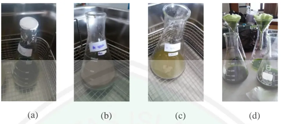 Gambar  5.4  Proses  ekstraksi  metode  Ultra  Assisted  Extraction  menggunakan  pelarut etanol 96% (1:20) b/v bagian akar (a), biji (b), batang (c), daun (d) 