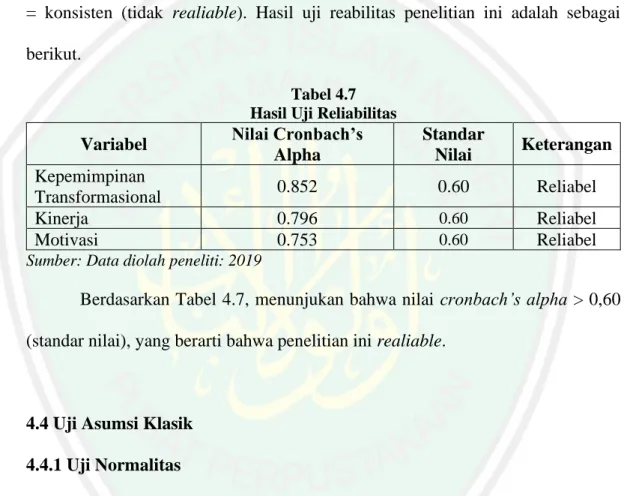 Tabel 4.7  Hasil Uji Reliabilitas   Variabel  Nilai Cronbach’s 