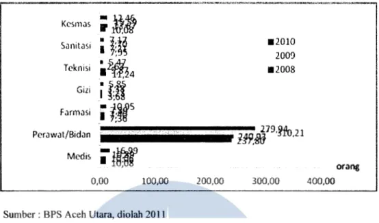 Gambar 4.4 Rasio Tenaga Kesehatan dan Medis per 100.000 Penduduk  di Kabupaten Aceh  Utara tahun  2007-2010 (orang) 