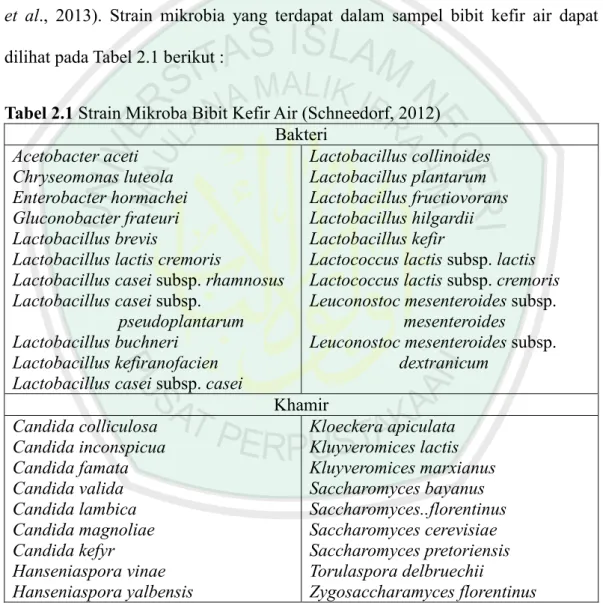 Tabel 2.1 Strain Mikroba Bibit Kefir Air (Schneedorf, 2012)  Bakteri  Acetobacter aceti  Chryseomonas luteola  Enterobacter hormachei  Gluconobacter frateuri  Lactobacillus brevis 