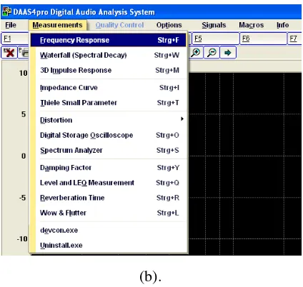 Gambar 2. 10 Tampilan software DAAS (a). Pengukuran frekuensi respon. (b). Pilihan pengukuran 