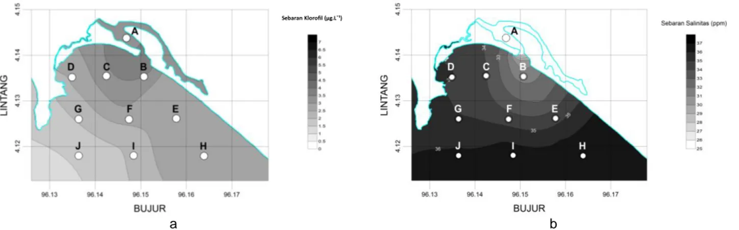 Gambar 3 Kontur  permukaan  sebaran  klorofil-a  (µg/l)  secara  horizontal  (a)  dan  sebaran  nilai  salinitas  (b)  di  permukaan  perairan Teluk Meulaboh pada bulan Juni  2014.