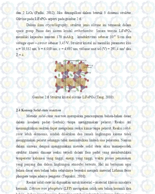 Gambar 2.6 Struktur kristal olivine LiFePO4 (Tang, 2010). 