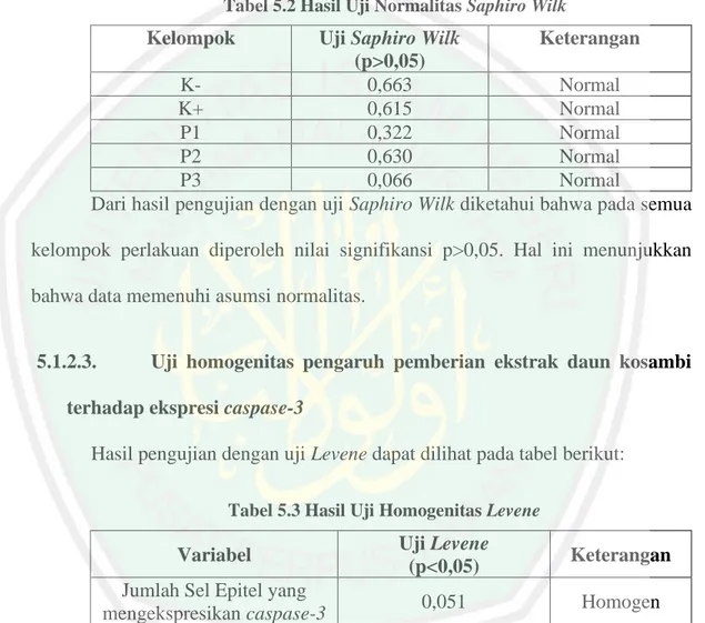 Tabel 5.2 Hasil Uji Normalitas Saphiro Wilk 