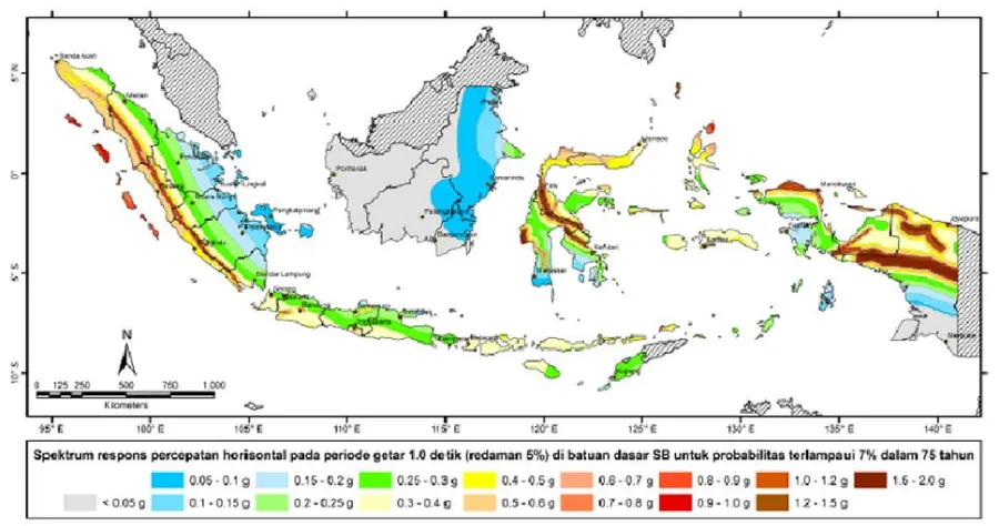 Gambar 2.16 Peta Respons Spektra  percepatan 1 detik  probabilitas terlampaui 7% dalam 75 tahun 