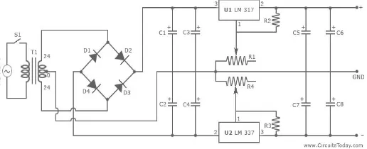 Gambar 2.7 Rangkaian Catu Daya 2.5balik(AC) menjadi tegangan searah(DC) dimana tegangan dari listrik transformator yang kemudian disearahkan dengan diode dan tegangannya dikonstankan menggunakan IC regulator 78xx dan 79xx.Pada tugas akhir ini power supply 