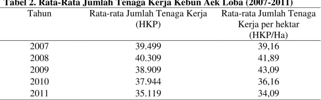 Tabel 2. Rata-Rata Jumlah Tenaga Kerja Kebun Aek Loba (2007-2011)  Tahun  Rata-rata Jumlah Tenaga Kerja 