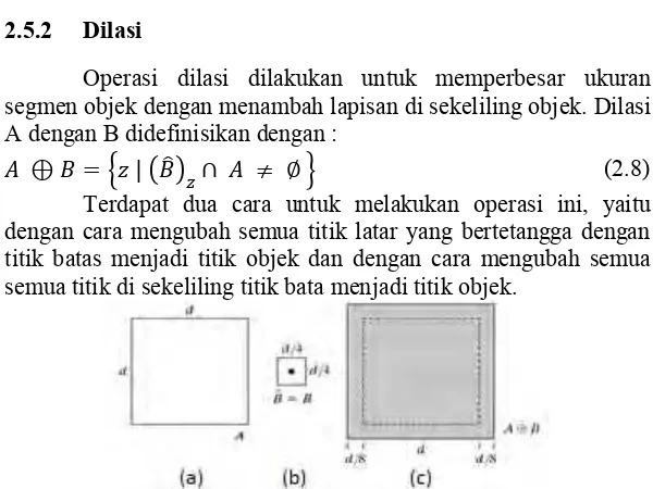 Gambar 2.13 Dilasi pada citra (a) Contoh teks dengan resolusi rendah (b) Structuring element (c) Citra setelah dilakukan dilasi 