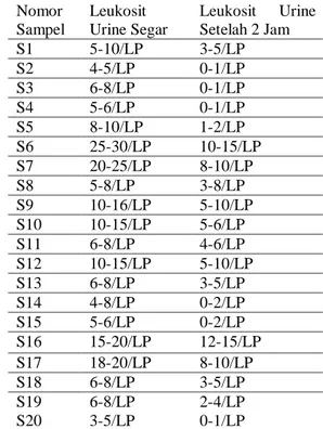Tabel  1.  Karakteristik  dan  Hasil  Pemeriksaan  Sedimen  Urine  Leukosit  Urine Segar dan Urine Setelah 2 Jam  Nomor  Sampel  Leukosit  Urine Segar  Leukosit  Urine Setelah 2 Jam  S1  5-10/LP  3-5/LP  S2  4-5/LP  0-1/LP  S3  6-8/LP  0-1/LP  S4  5-6/LP  
