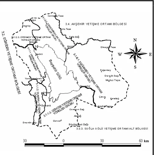 Şekil 2. Beyşehir Gölü Havzası’nın yetişme ortamı yöreler grupları (Özkan,  2003). 