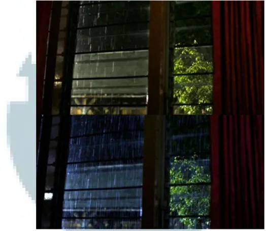 Gambar 4.8. Perbandingan Scene 15, Hujan Lebat yang Terlihat Dari Ruang Tengah  (Kreasi Konsep Visual Effect 1)   