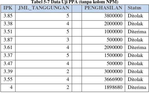 Tabel 5-7 Data Uji PPA (tanpa kolom NPM) 
