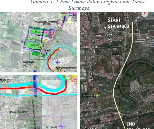 Gambar 1. 2 Detail Peta Lokasi dan Trase jalan lingkar luar timur surabaya STA 9+000 s/d 12+000 