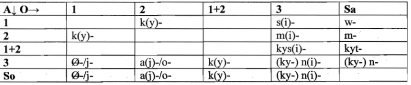 Table 3.4 illustrates the verbal person-marking prefixes. The intransitive prefixes are aligned in the chart so that they illustrate the formal similarity to direct and inverse transitive prefixes