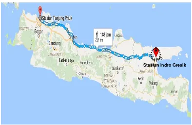 Gambar 1.4 Rute Jalur Kereta Api dari Stasiun Indro Gresik Menuju Stasiun Pasoso (Tanjung Priok Jakarta), (Data peta, 2017; data diperoleh dari https://maps.google.co.id)    