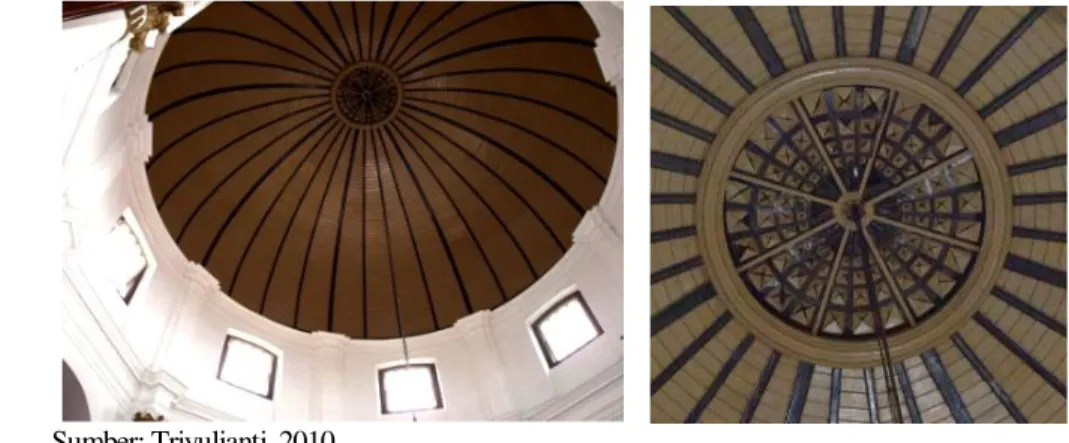 Gambar 10. (a) Pola plafon berbentuk kubah, dan (b) Detail ragam hias di area jemaat  GPIB Imanuel Semarang  