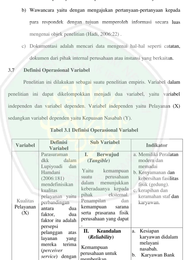 Tabel 3.1 Definisi Operasional Variabel  Variabel  Definisi  Variabel  Sub Variabel  Indikator  Kualitas  Pelayanan (X)  Parasuraman dkk  dalam Lupiyoadi  dan Hamdani (2006:181) mendefinisikan kualitas pelayanan  yaitu perbandingan antara dua  faktor,  dua