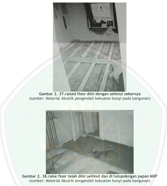 Gambar 2. 38.raise floor telah diisi selimut dan di tutupdengan papan MDF  (sumber: Material Akustik pengendali kekuatan bunyi pada bangunan)  2)  Plafon Ruangan 
