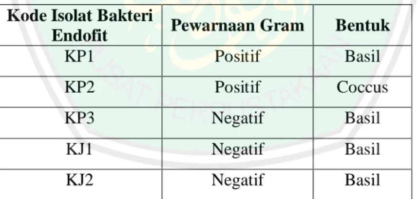 Table 4.3 hasil pengamatan bakteri berdasarkan pewarnaan Gram  Kode Isolat Bakteri 