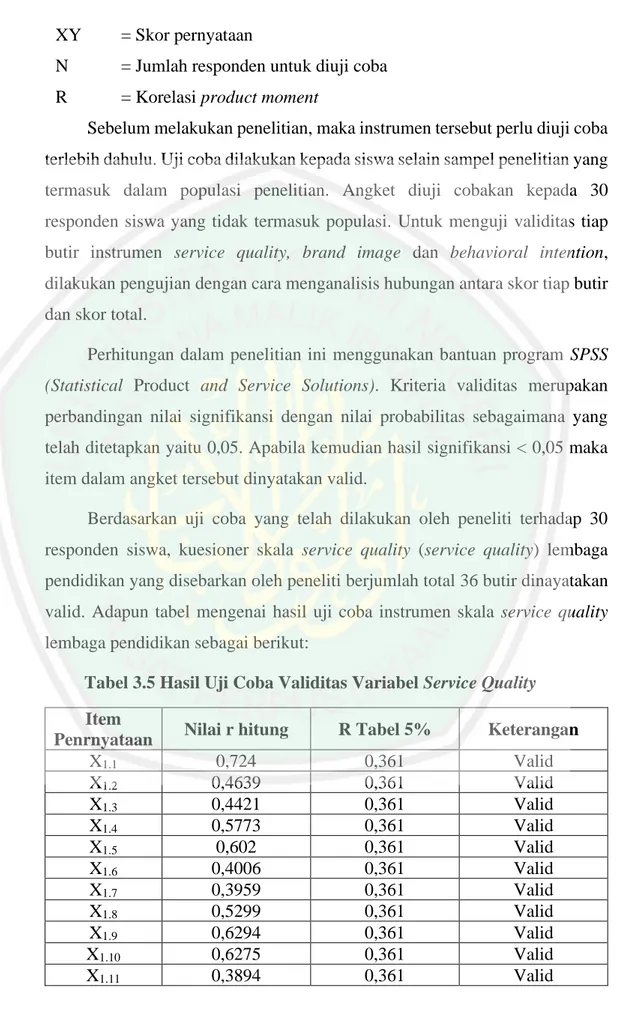 Tabel 3.5 Hasil Uji Coba Validitas Variabel Service Quality   Item 