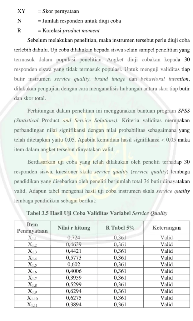 Tabel 3.5 Hasil Uji Coba Validitas Variabel Service Quality   Item 