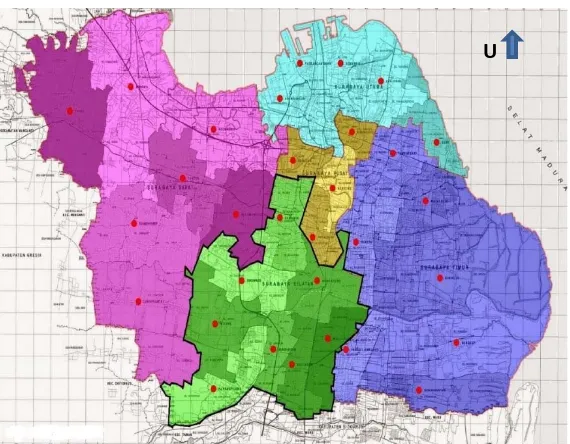 Gambar 3.1 Peta Kota Surabaya dan Wilayah Surabaya Selatan pada warna hijau 