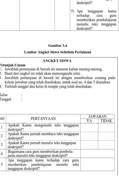 Gambar 3.4 Lembar Angket Siswa Sebelum Perlakuan 