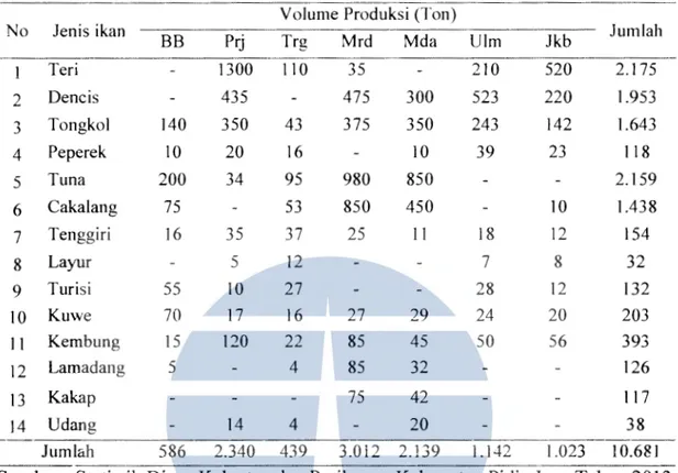 Tabel  12.  Produksi  Perikanan  Tangkap  Menurut  Jenis  lkan  di  Kabupaten  Pidie  Jaya pada Tahun 2013 