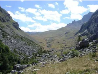 Figura 3. Paisaje y hábitat característico de las marmotas. Los grandes bloques rocosos son  uno de los hábitats preferidos por las marmotas en el Pirineo calizo (entrada de la Canal de 