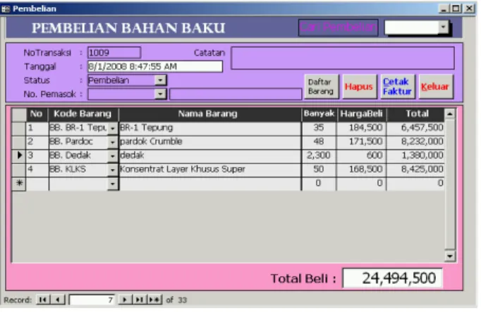 Gambar 8. Form Transaksi Pembelian Bahan Baku 