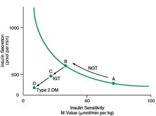 Gambar 3. Perubahan metabolik yang terjadi selama perjalanan DM tipe 2. menyebabkan gangguan toleransi glukosa (IGT; poin C) dan selanjutnya akan terjadi DM tipe 2 (poin D).cenderung mengarah pada resistensi insulin (dengan bergerak dari poin A menuju poin