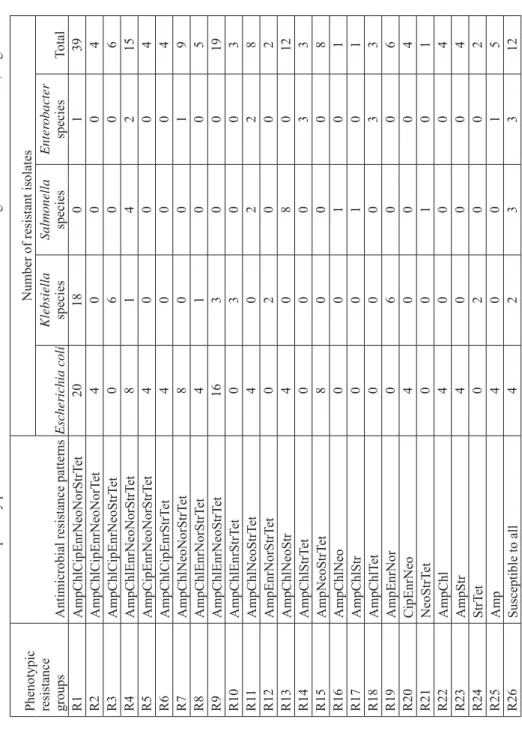 Table 6. Antimicrobial susceptibility patterns of Enterobacteriaceae isolated from free-range chickens in Abeokuta, Nigeria Phenotypic  resistance  groupsAntimicrobial resistance patterns