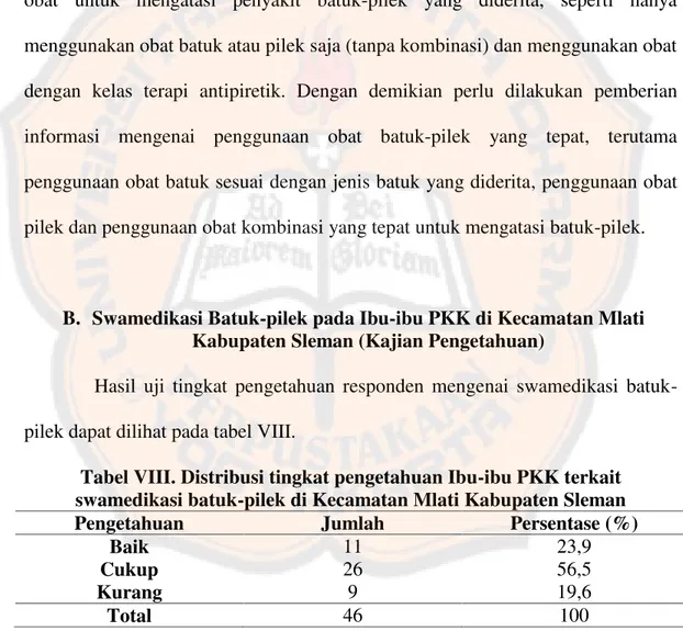 Tabel VIII. Distribusi tingkat pengetahuan Ibu-ibu PKK terkait swamedikasi batuk-pilek di Kecamatan Mlati Kabupaten Sleman