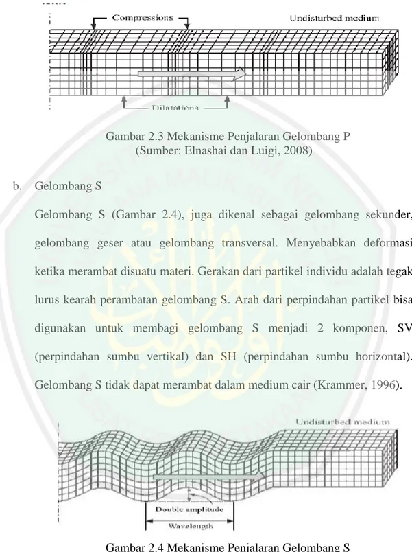 Gambar 2.3 Mekanisme Penjalaran Gelombang P  (Sumber: Elnashai dan Luigi, 2008)   b.  Gelombang S 