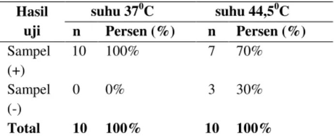 Tabel  4.2  Hasil  analisis  uji  penguat  (confirmed  test)  untuk  Coliform  suhu  37 0 C  dan  Fecal  coliform  suhu  45,5 0 C  Hasil  uji  suhu 37 0 C  suhu 44,5 0 C n Persen (%) n  Persen (%)  Sampel  (+)  10  100%  7  70%  Sampel  (-)  0  0%  3  30% 