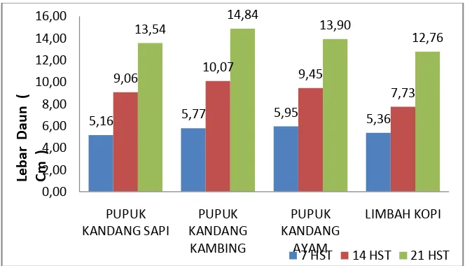 Gambar  3. Grafik Lebar Daun Tanaman Sawi Umur 7, 14, dan 21 HST Pada Berbagai Perlakuan Jenis Pupuk Organik