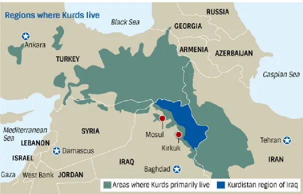 Gambar  1. Peta Posisi Wilayah KRG (Berwarna Biru) dan Israel  
