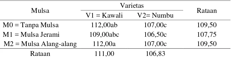 Tabel 4. Rataan umur panen (hari) terhadap varietas dan mulsa  