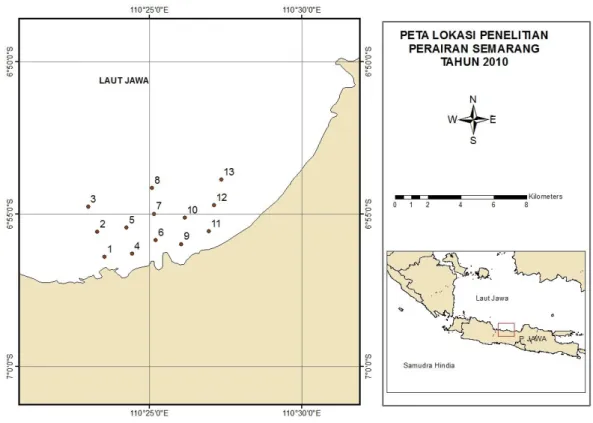 Gambar 1 . Lokasi penelitian di perairan pesisir Semarang, Agustus 2010. 