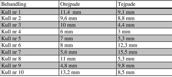 Tabell 2:  Genomsnitt sårdiameter per knä/kull (Gård A, omgång 1) 
