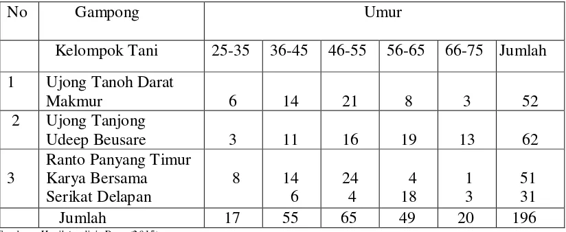 Tabel 1. Jumlah Petani Jitut Berdasarkan Sebaran Umur Petani Jitut Gampong               Ujong Tanoh Darat, Ujong Tanjong  dan Gampong Ranto Panyang               Timur  tahun 2015