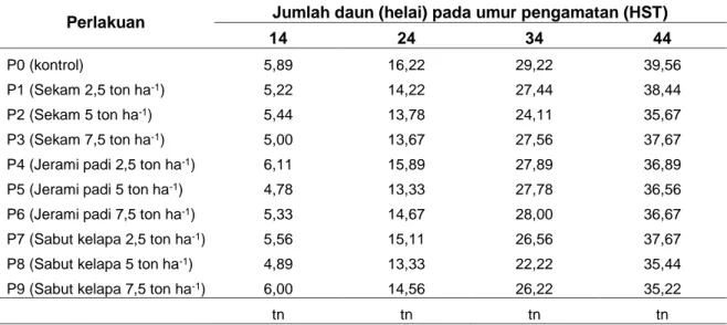 Tabel 2  Rerata  Jumlah  Daun  Kacang  Tanah  (helai)  terhadap  Tiga  Jenis  dan  Dosis  Biochar  pada Berbagai Waktu Pengamatan  