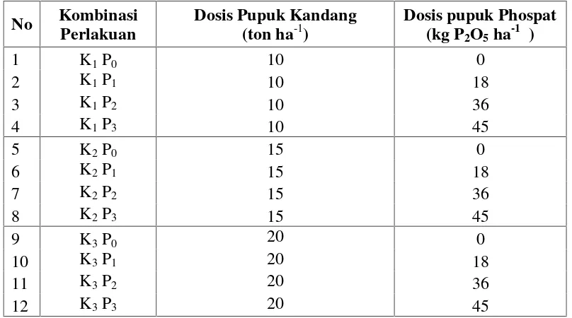 Tabel 1. Kombinasi Perlakuan Antara Dosis Pupuk Kandang dan Phospat