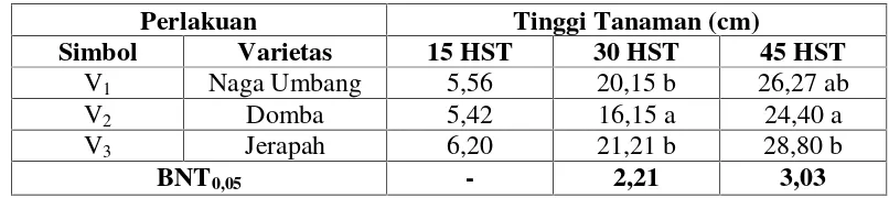 Tabel 10.Rata-rata Tinggi Tanaman Kacang Tanah pada Berbagai VarietasUmur 15, 30 dan 45 HST