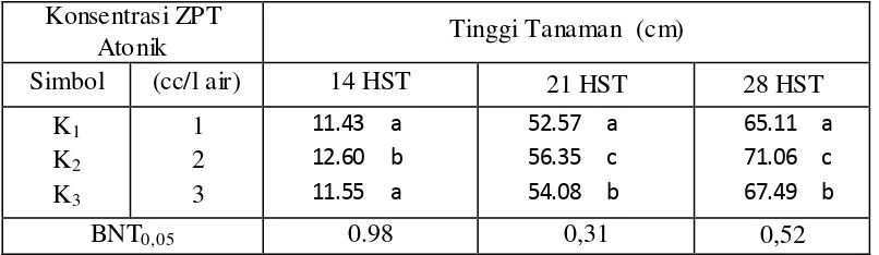 Tabel 2. Rata-rata Tinggi Tanaman  Selada  Pada  Berbagai Konsentrasi ZPT Atonik  Umur 14, 21  dan  28 HST 