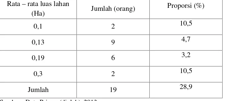 Tabel 6. Proporsi Petani sampel menurut Luas Lahan di daerah penelitian, 2013