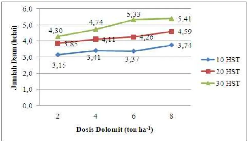 Gambar 4. Jumlah Daun Tanaman Sawi pada Berbagai Dosis Dolomit umur 10,20 dan 30 HST