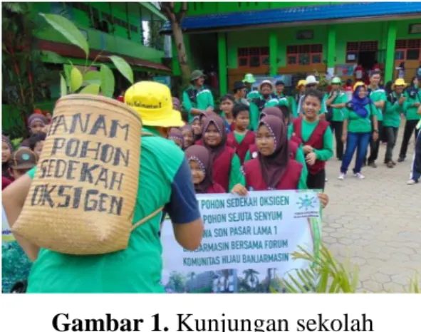 Gambar  1  menunjukkan  bagaimana  FKH  menjalankan  kampanye  di  sekolah-sekolah.  Pesan  kampanye  lingkungan  yang  dirumuskan  oleh  FKH  berhubungan  dengan  nilai  relijius  dapat  dibaca  dari  slogan  “Tanam  Pohon  Sedekah Oksigen”
